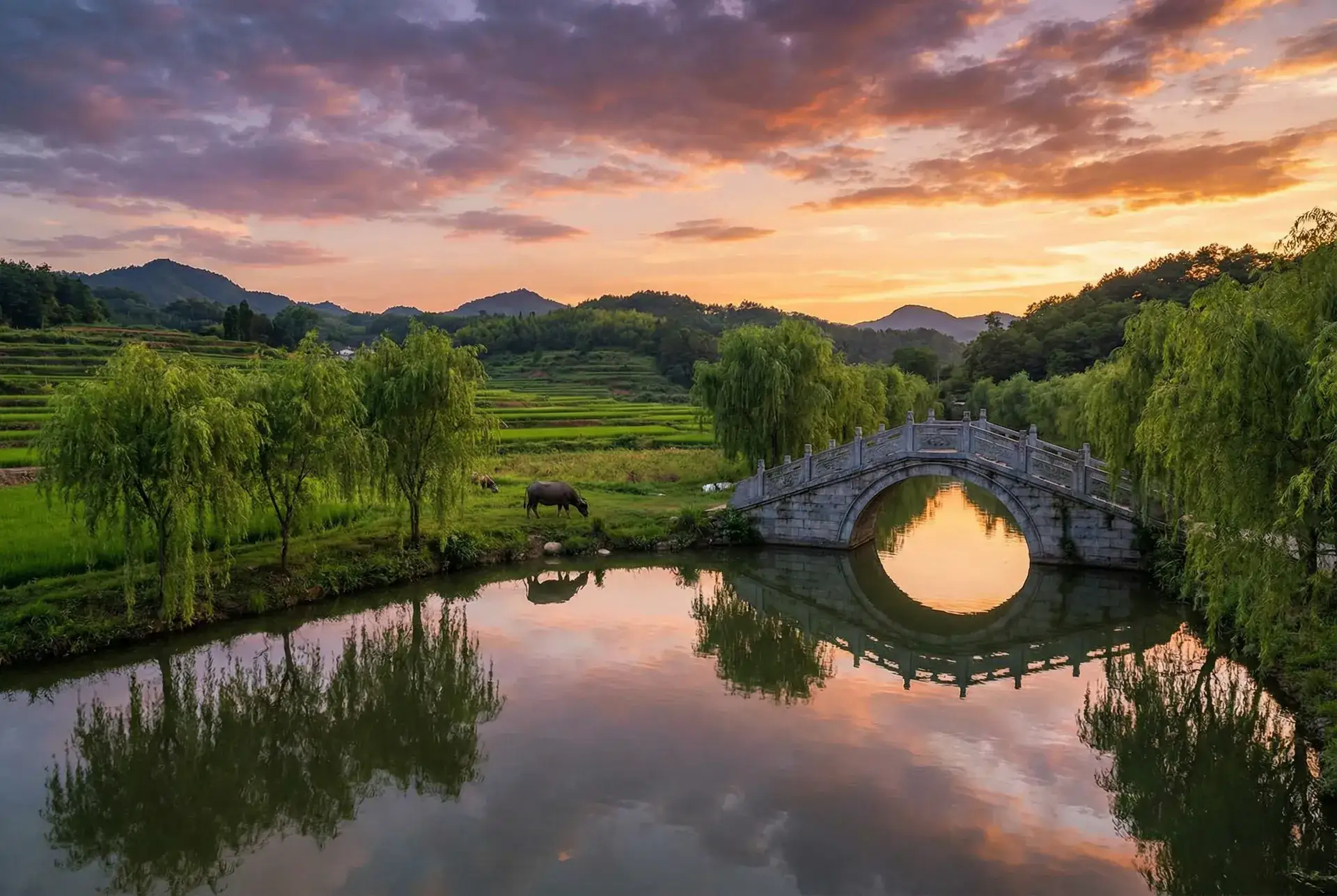 夕阳下的石拱桥与垂柳，水牛在河边吃草 - 野花社区视频手机免费观看完整 乡村美景